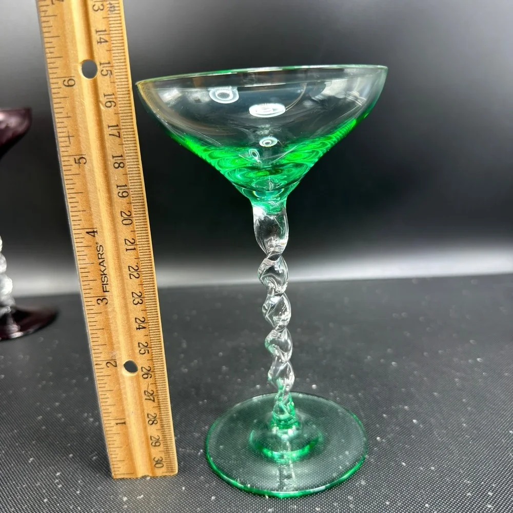 Pier 1 Martini Glasses Set of 3 Twisted Stem Amber Plum Green Barware Glasses
